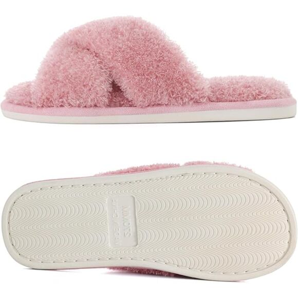 Women's Fuzzy Slippers Cross Band Velvet Pink Memory Foam House Slippers - Picture 6 of 6